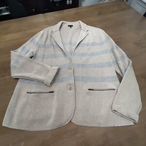 Talbots Blazer Womens Extra Large Beige Gray Striped Knit Sweater Jacket Pockets